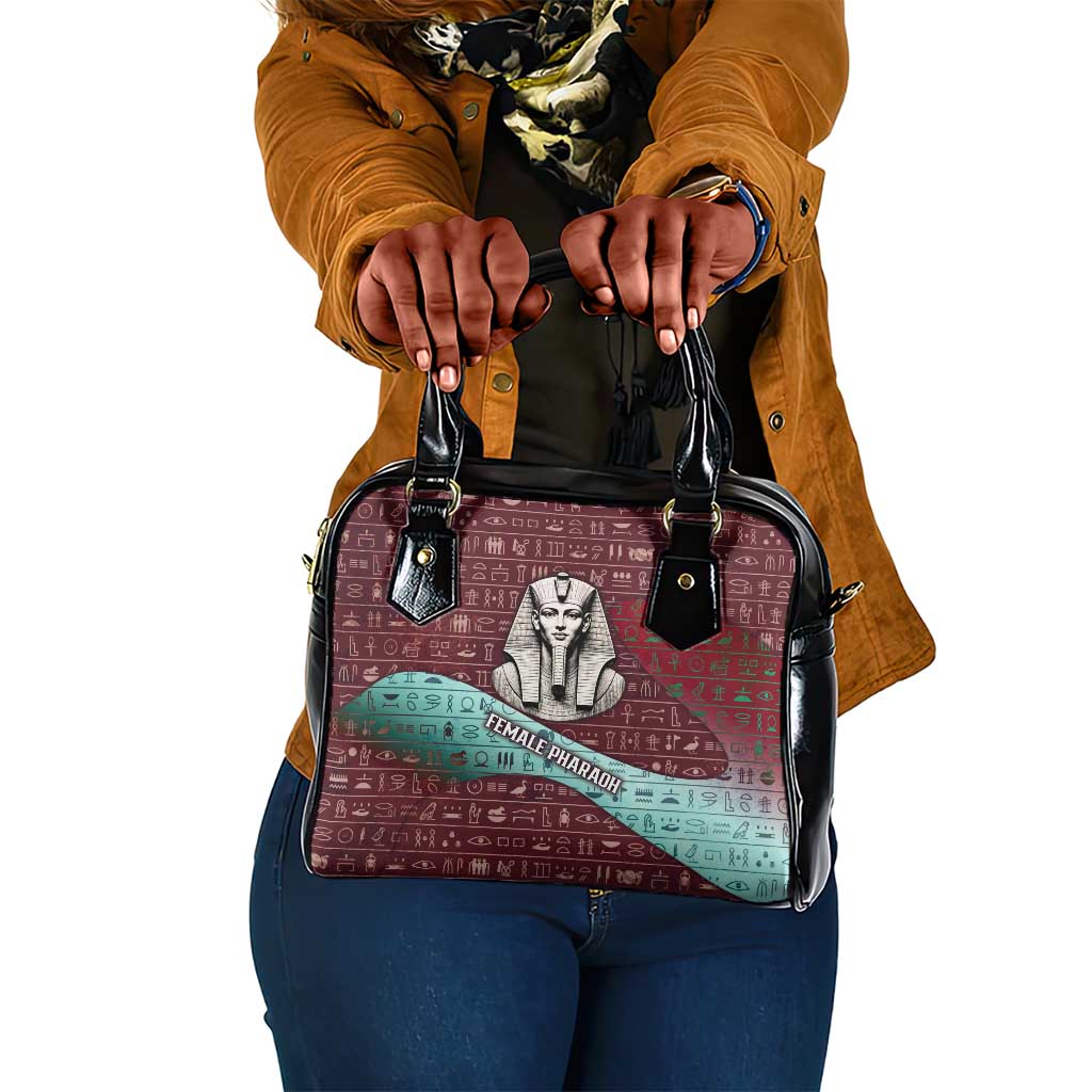 Hatshepsut Shoulder Handbag with Pharaoh Bust Illustration, Female Pharaoh Title and Egyptian Hieroglyph - African Pride