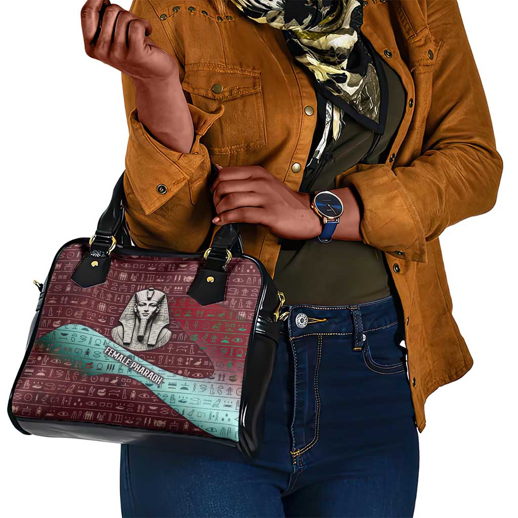 Hatshepsut Shoulder Handbag with Pharaoh Bust Illustration, Female Pharaoh Title and Egyptian Hieroglyph - African Pride