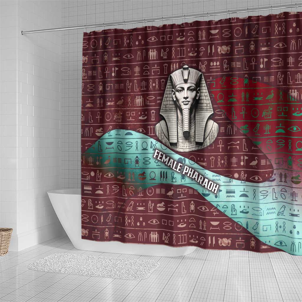 Hatshepsut Shower Curtain with Pharaoh Bust Illustration, Female Pharaoh Title and Egyptian Hieroglyph - African Pride