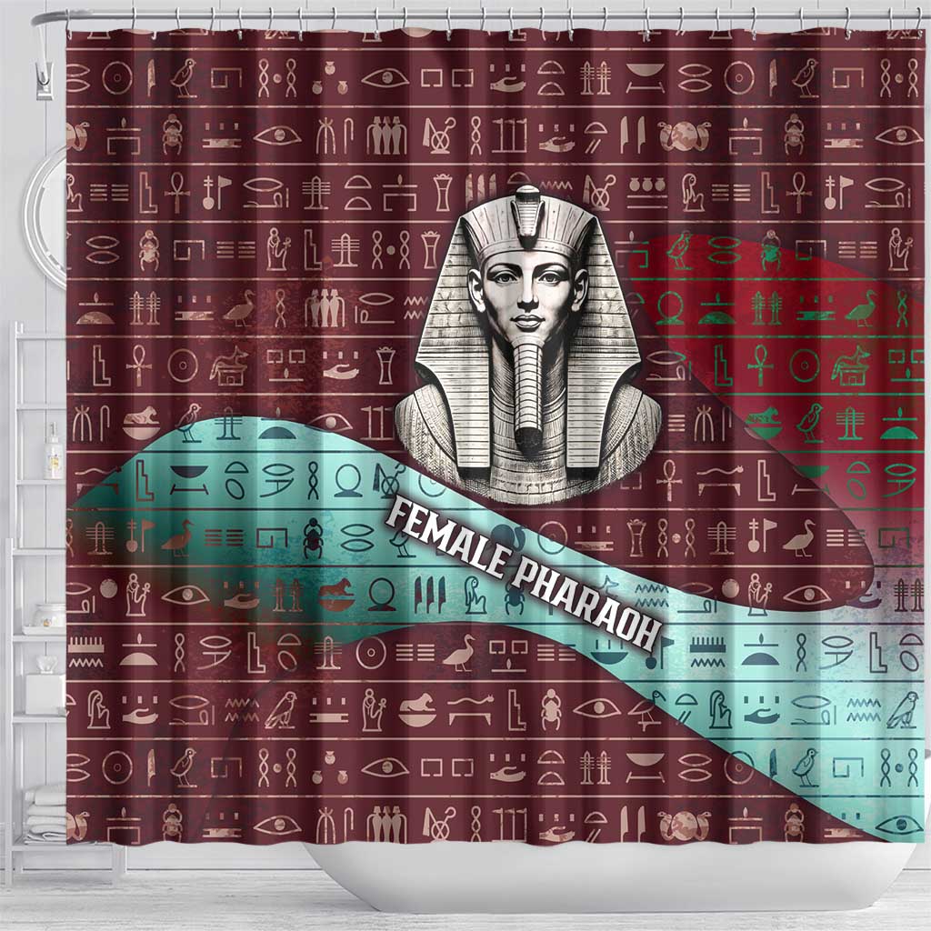 Hatshepsut Shower Curtain with Pharaoh Bust Illustration, Female Pharaoh Title and Egyptian Hieroglyph - African Pride