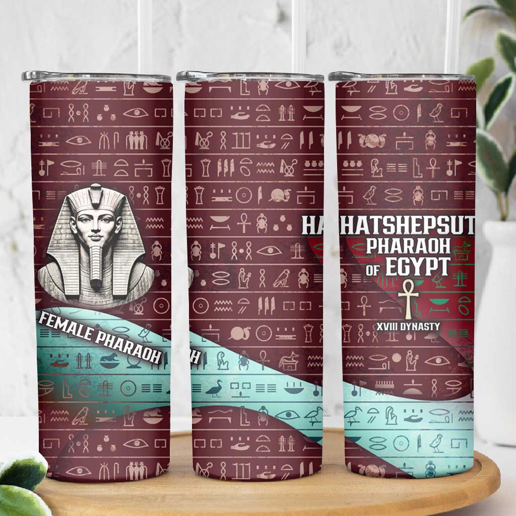 Hatshepsut Skinny Tumbler with Pharaoh Bust Illustration, Female Pharaoh Title and Egyptian Hieroglyph - African Pride