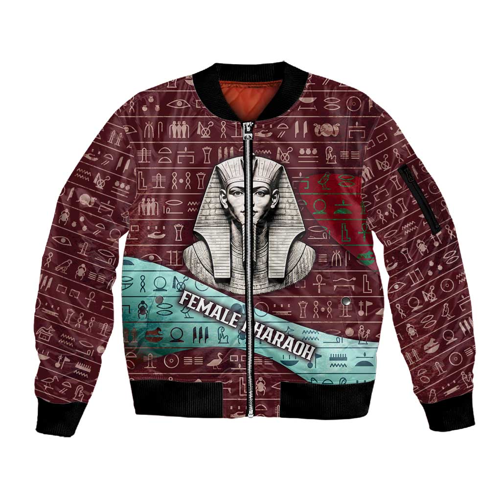 Hatshepsut Sleeve Zip Bomber Jacket with Pharaoh Bust Illustration, Female Pharaoh Title and Egyptian Hieroglyph - African Pride
