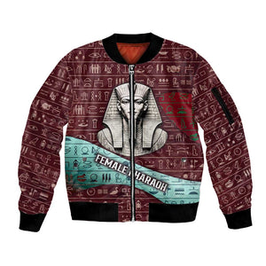 Hatshepsut Sleeve Zip Bomber Jacket with Pharaoh Bust Illustration, Female Pharaoh Title and Egyptian Hieroglyph - African Pride