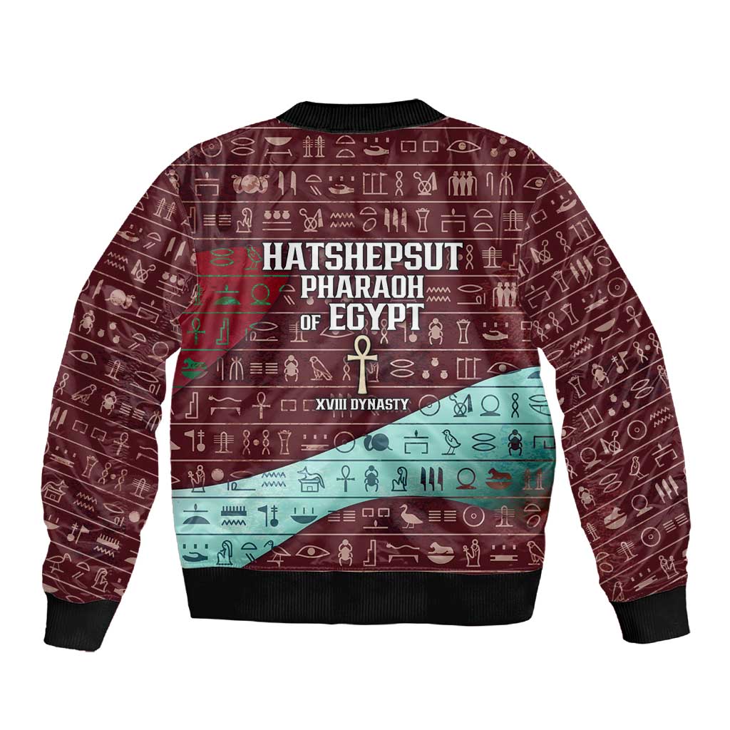 Hatshepsut Sleeve Zip Bomber Jacket with Pharaoh Bust Illustration, Female Pharaoh Title and Egyptian Hieroglyph - African Pride