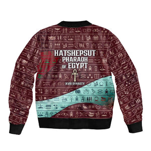 Hatshepsut Sleeve Zip Bomber Jacket with Pharaoh Bust Illustration, Female Pharaoh Title and Egyptian Hieroglyph - African Pride