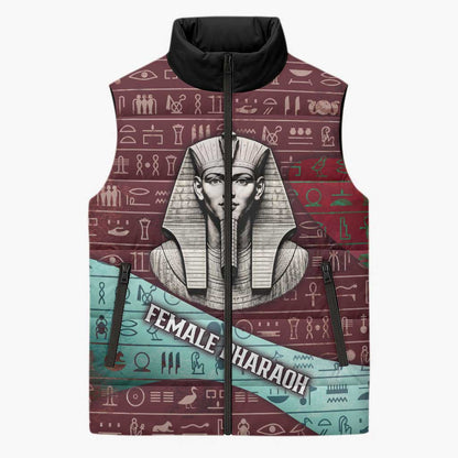 Hatshepsut Sleeveless Puffer Jacket with Pharaoh Bust Illustration, Female Pharaoh Title and Egyptian Hieroglyph - African Pride
