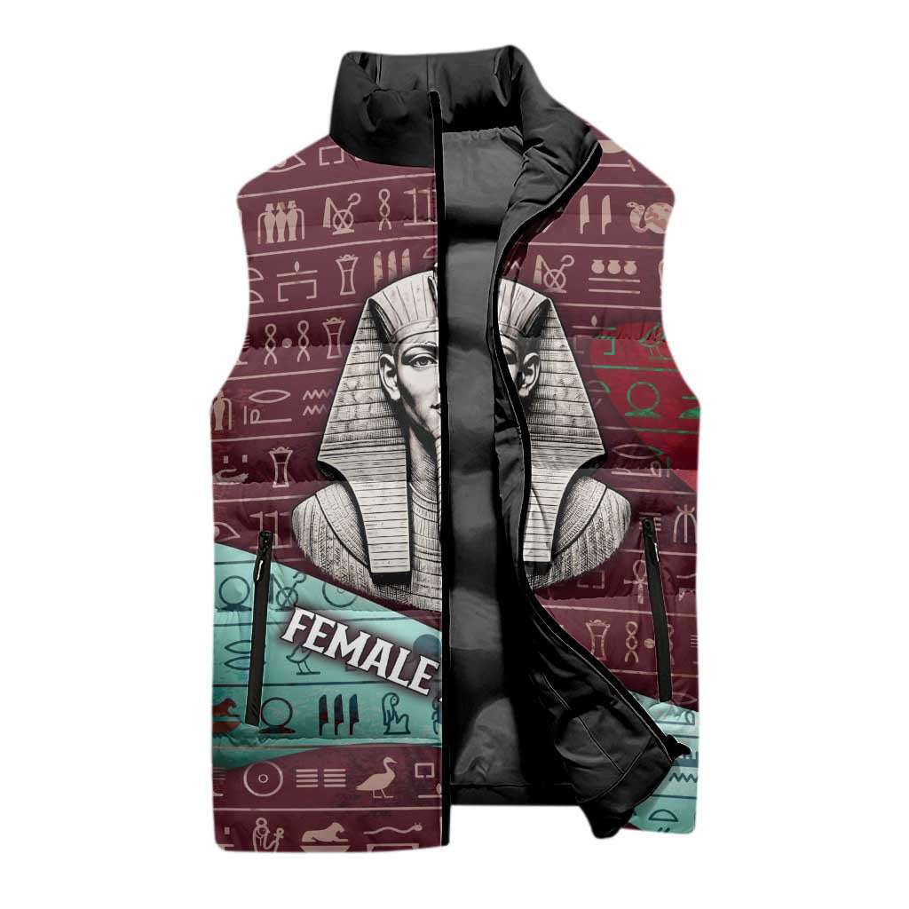 Hatshepsut Sleeveless Puffer Jacket with Pharaoh Bust Illustration, Female Pharaoh Title and Egyptian Hieroglyph - African Pride