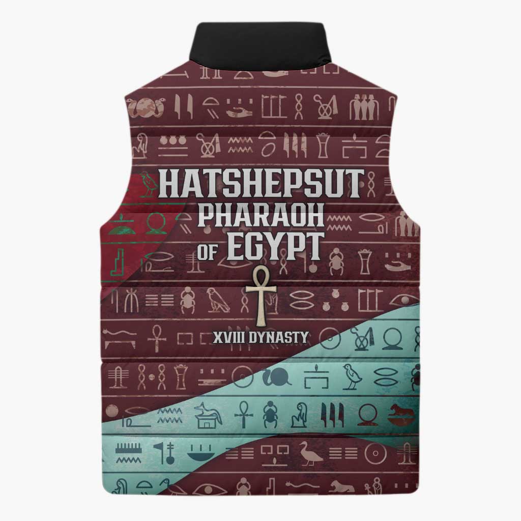 Hatshepsut Sleeveless Puffer Jacket with Pharaoh Bust Illustration, Female Pharaoh Title and Egyptian Hieroglyph - African Pride