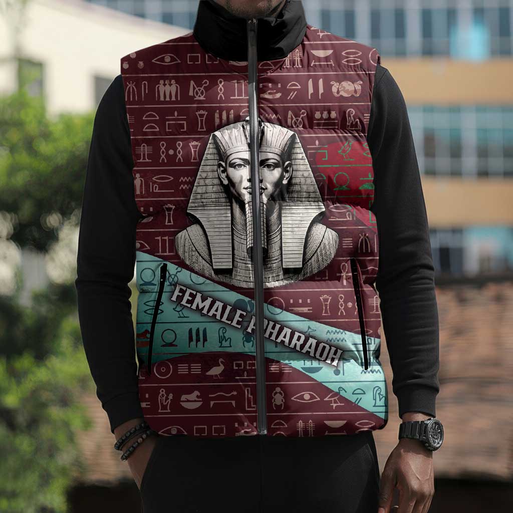 Hatshepsut Sleeveless Puffer Jacket with Pharaoh Bust Illustration, Female Pharaoh Title and Egyptian Hieroglyph - African Pride