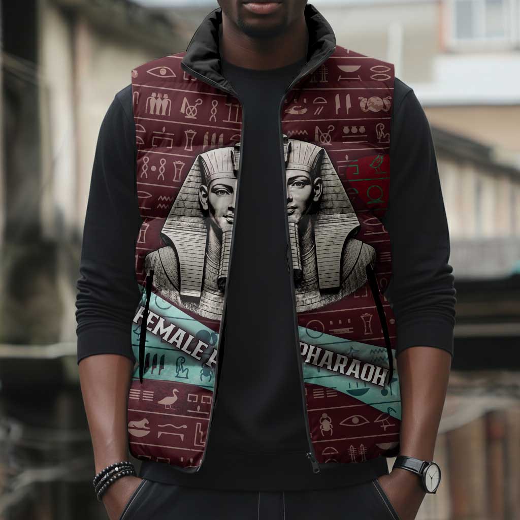 Hatshepsut Sleeveless Puffer Jacket with Pharaoh Bust Illustration, Female Pharaoh Title and Egyptian Hieroglyph - African Pride