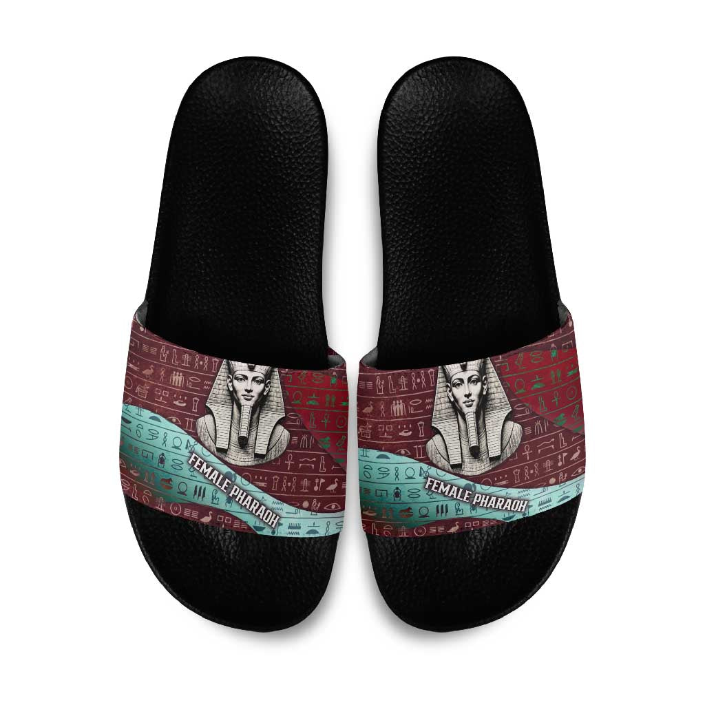 Hatshepsut Slide Sandals with Pharaoh Bust Illustration, Female Pharaoh Title and Egyptian Hieroglyph - African Pride