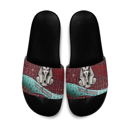 Hatshepsut Slide Sandals with Pharaoh Bust Illustration, Female Pharaoh Title and Egyptian Hieroglyph - African Pride