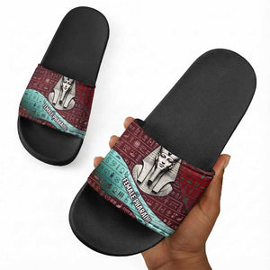 Hatshepsut Slide Sandals with Pharaoh Bust Illustration, Female Pharaoh Title and Egyptian Hieroglyph - African Pride
