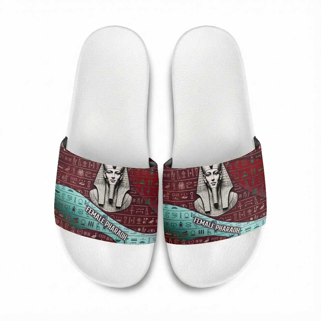 Hatshepsut Slide Sandals with Pharaoh Bust Illustration, Female Pharaoh Title and Egyptian Hieroglyph - African Pride