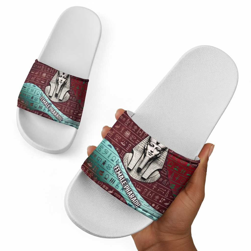 Hatshepsut Slide Sandals with Pharaoh Bust Illustration, Female Pharaoh Title and Egyptian Hieroglyph - African Pride
