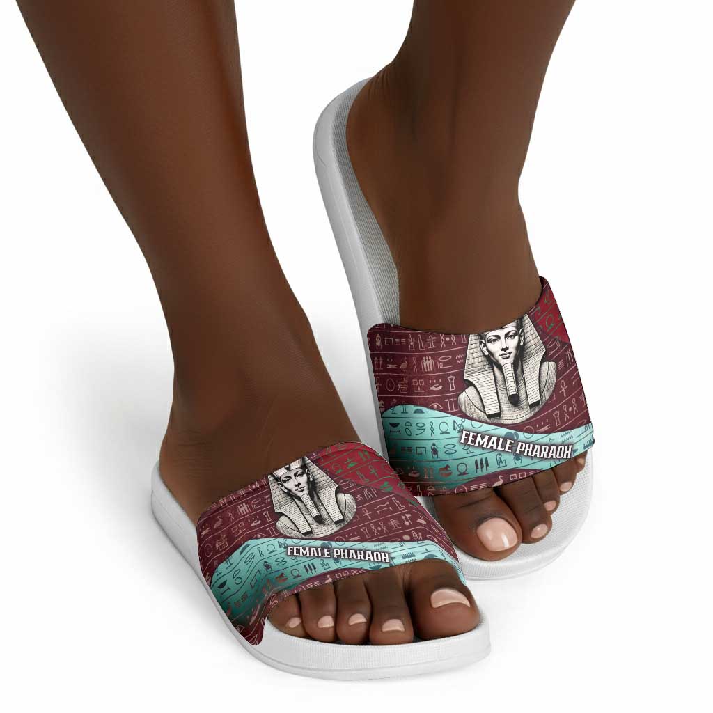 Hatshepsut Slide Sandals with Pharaoh Bust Illustration, Female Pharaoh Title and Egyptian Hieroglyph - African Pride