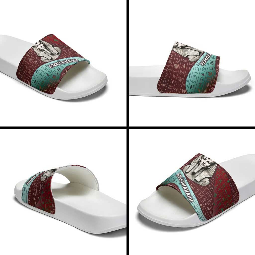 Hatshepsut Slide Sandals with Pharaoh Bust Illustration, Female Pharaoh Title and Egyptian Hieroglyph - African Pride
