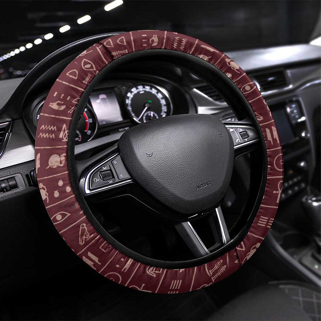 Hatshepsut Steering Wheel Cover with Pharaoh Bust Illustration, Female Pharaoh Title and Egyptian Hieroglyph - African Pride