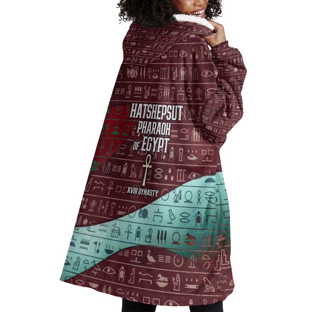 Hatshepsut Wearable Blanket Hoodie with Pharaoh Bust Illustration, Female Pharaoh Title and Egyptian Hieroglyph - African Pride