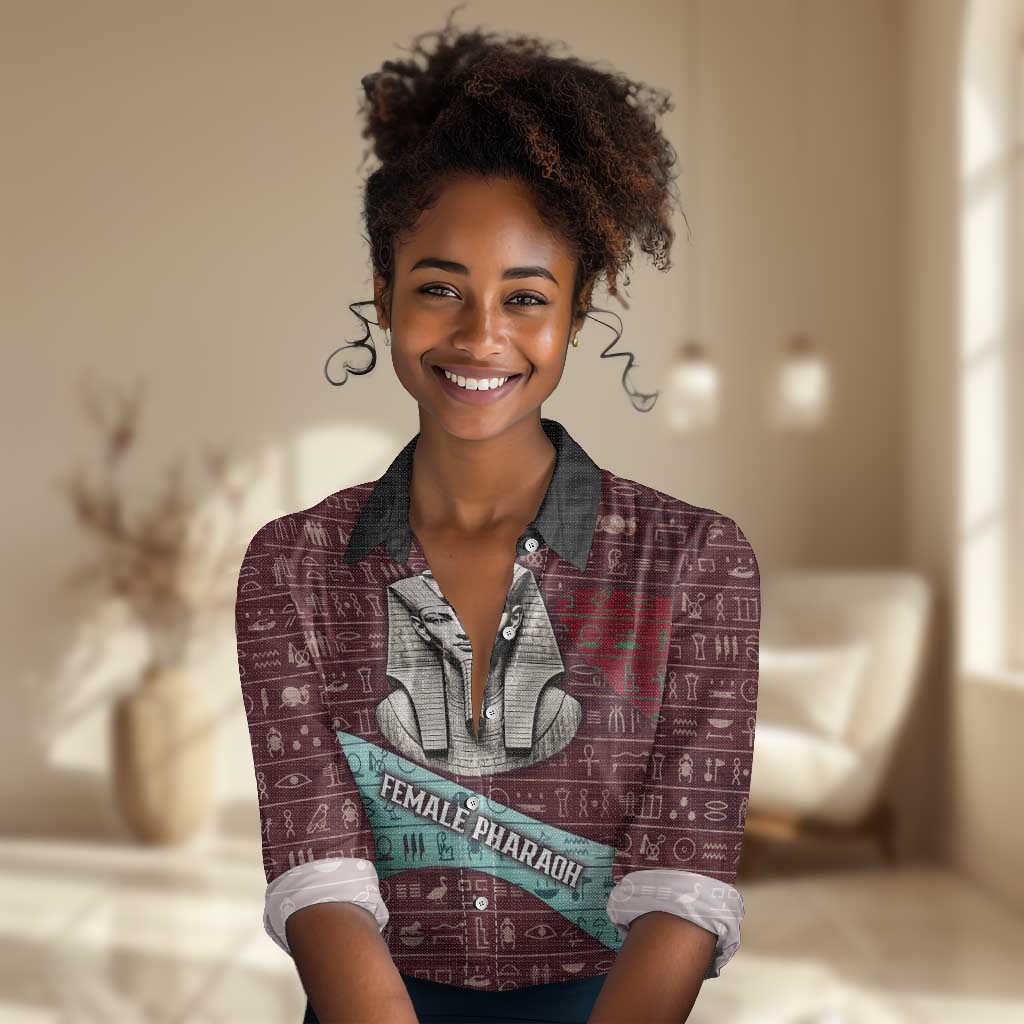 Hatshepsut Women Casual Shirt with Pharaoh Bust Illustration, Female Pharaoh Title and Egyptian Hieroglyph - African Pride