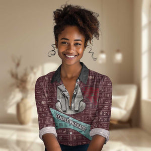 Hatshepsut Women Casual Shirt with Pharaoh Bust Illustration, Female Pharaoh Title and Egyptian Hieroglyph - African Pride