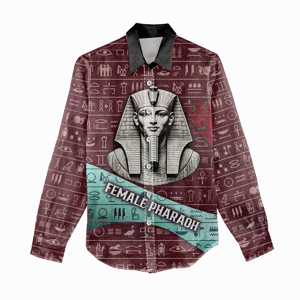 Hatshepsut Women Casual Shirt with Pharaoh Bust Illustration, Female Pharaoh Title and Egyptian Hieroglyph - African Pride