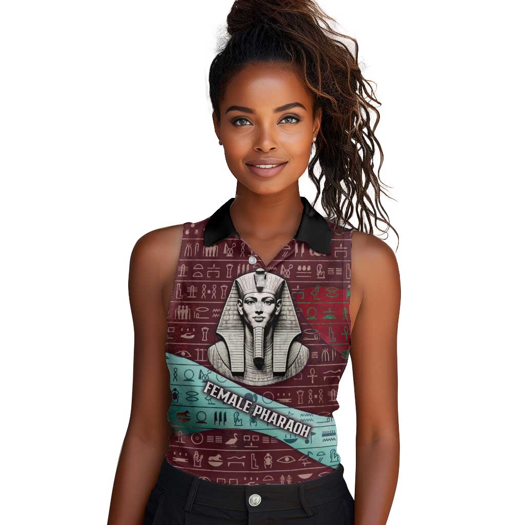 Hatshepsut Women Sleeveless Polo Shirt with Pharaoh Bust Illustration, Female Pharaoh Title and Egyptian Hieroglyph - African Pride