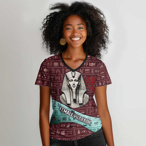 Hatshepsut Women V-Neck T-Shirt with Pharaoh Bust Illustration, Female Pharaoh Title and Egyptian Hieroglyph - African Pride