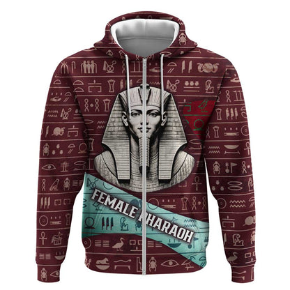 Hatshepsut Zip Hoodie with Pharaoh Bust Illustration, Female Pharaoh Title and Egyptian Hieroglyph - African Pride