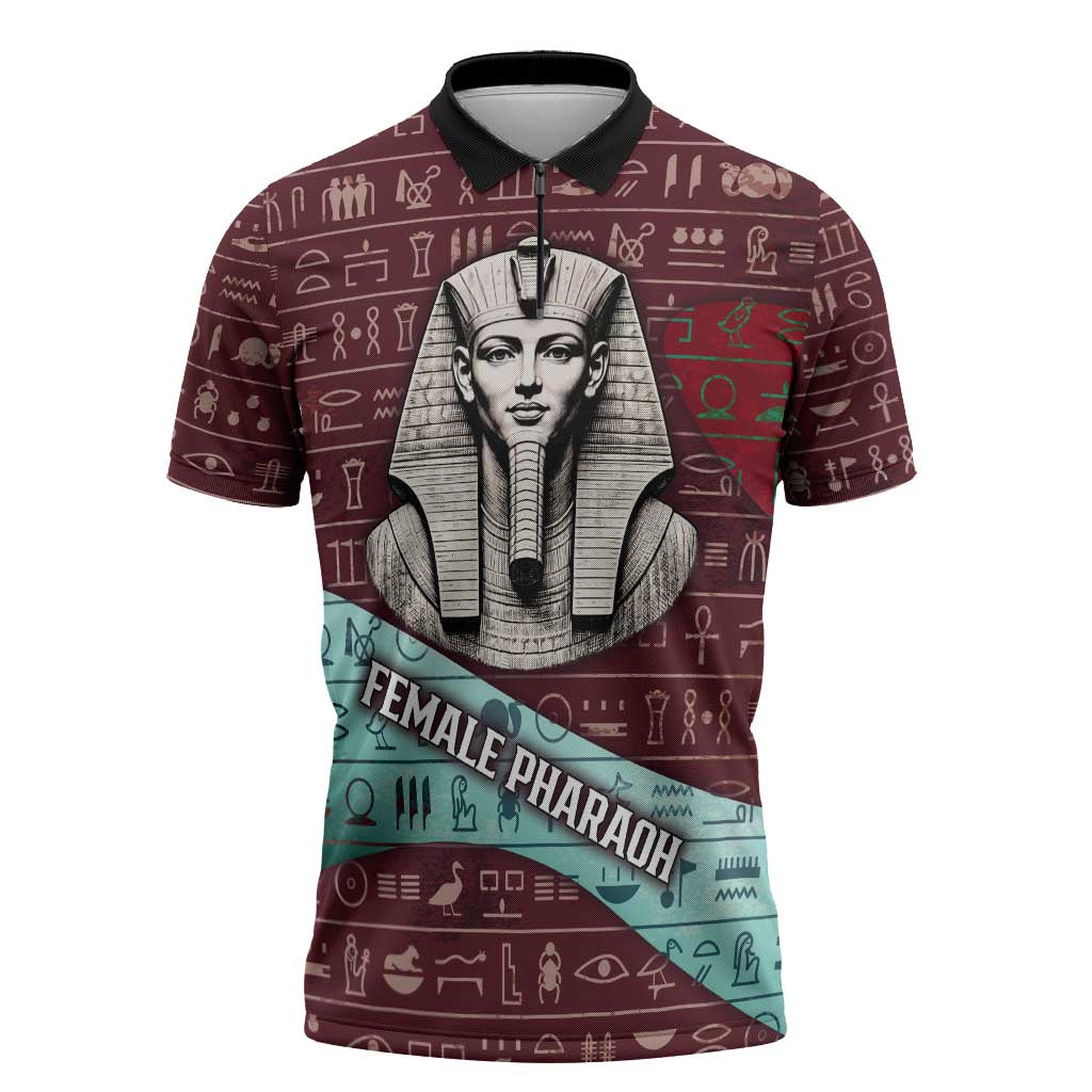Hatshepsut Zipper Polo Shirt with Pharaoh Bust Illustration, Female Pharaoh Title and Egyptian Hieroglyph - African Pride