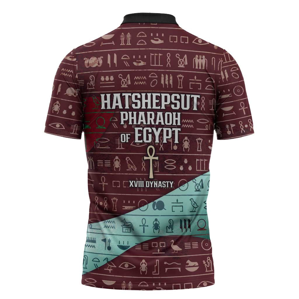 Hatshepsut Zipper Polo Shirt with Pharaoh Bust Illustration, Female Pharaoh Title and Egyptian Hieroglyph - African Pride