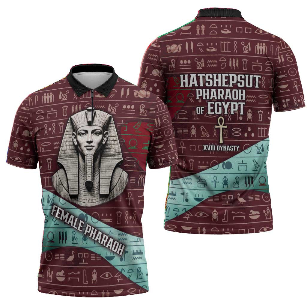 Hatshepsut Zipper Polo Shirt with Pharaoh Bust Illustration, Female Pharaoh Title and Egyptian Hieroglyph - African Pride