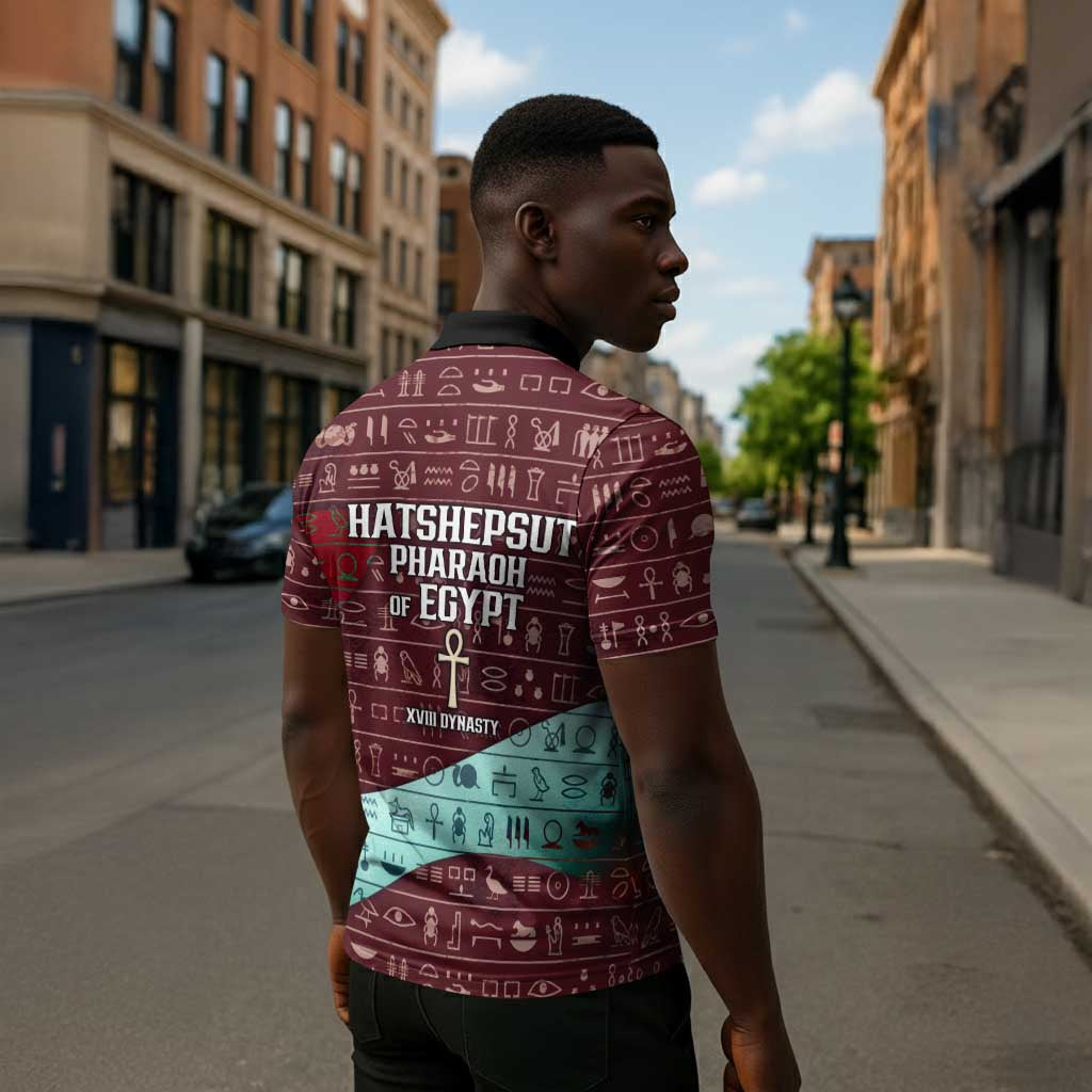 Hatshepsut Zipper Polo Shirt with Pharaoh Bust Illustration, Female Pharaoh Title and Egyptian Hieroglyph - African Pride