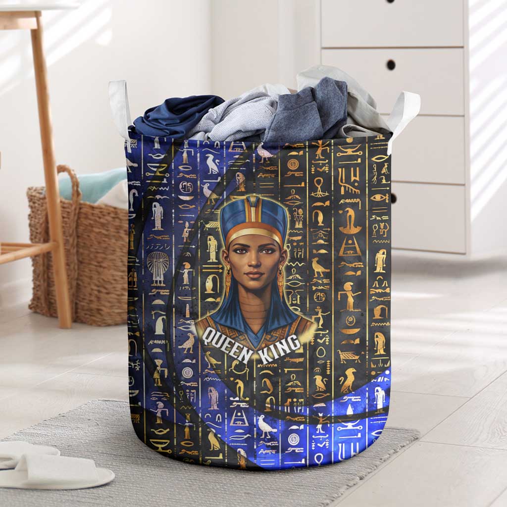 Hatshepsut Laundry Basket with Queen King Portrait, Temple Illustration and Blue-Gold Hieroglyphic - African Pride