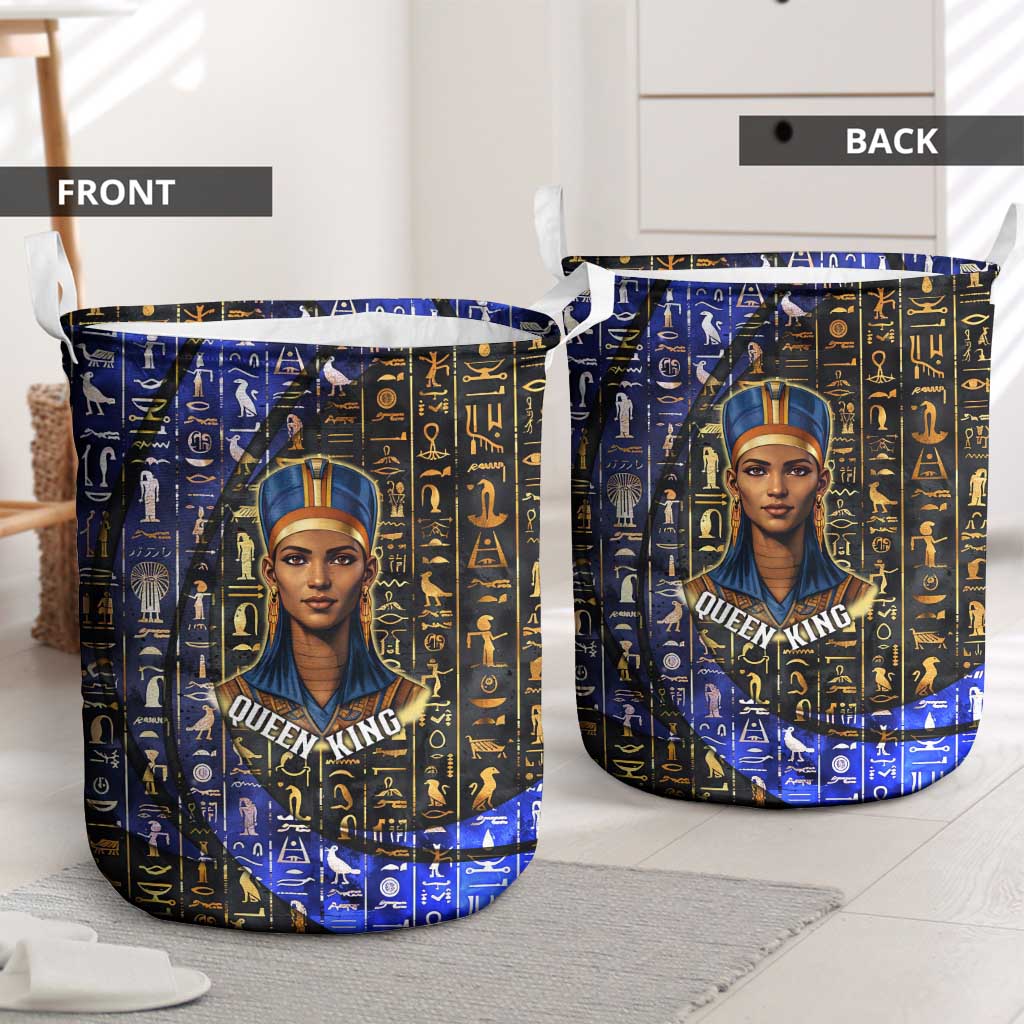 Hatshepsut Laundry Basket with Queen King Portrait, Temple Illustration and Blue-Gold Hieroglyphic - African Pride