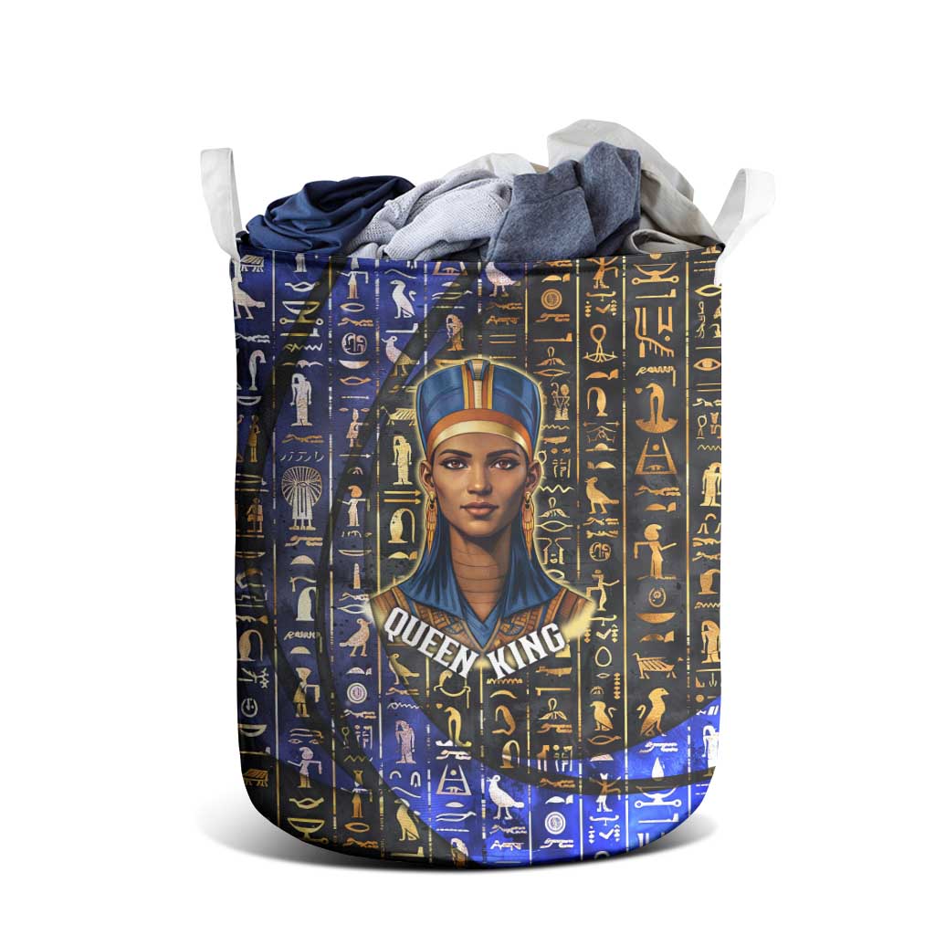 Hatshepsut Laundry Basket with Queen King Portrait, Temple Illustration and Blue-Gold Hieroglyphic - African Pride