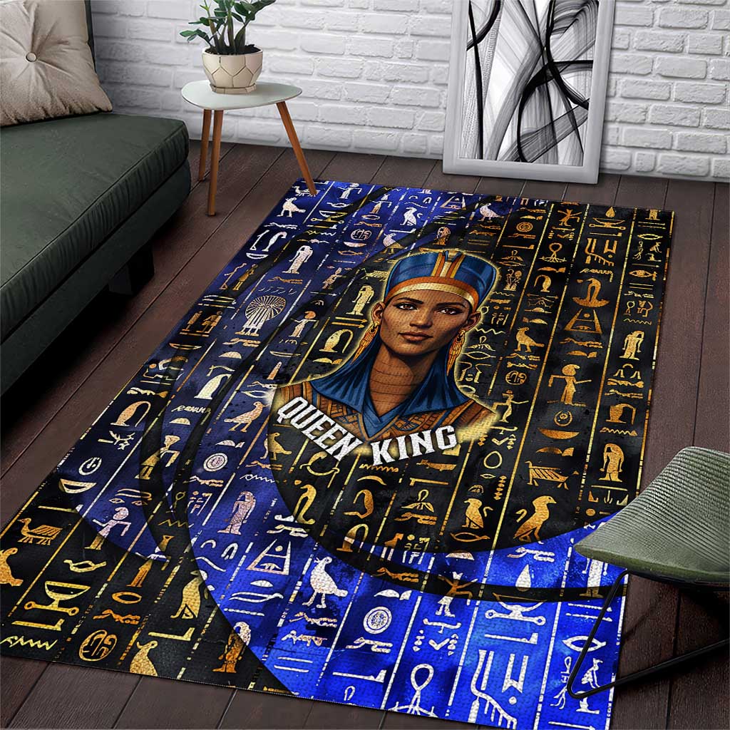 Hatshepsut Area Rug with Queen King Portrait, Temple Illustration and Blue-Gold Hieroglyphic - African Pride