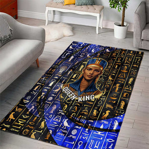 Hatshepsut Area Rug with Queen King Portrait, Temple Illustration and Blue-Gold Hieroglyphic - African Pride