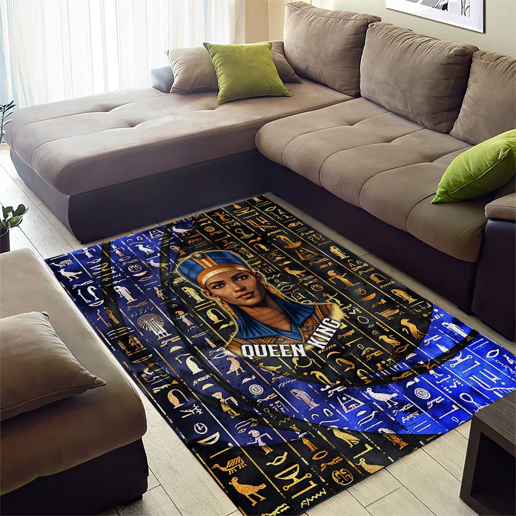 Hatshepsut Area Rug with Queen King Portrait, Temple Illustration and Blue-Gold Hieroglyphic - African Pride