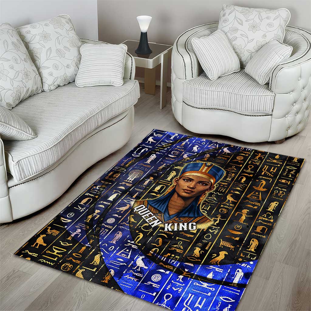 Hatshepsut Area Rug with Queen King Portrait, Temple Illustration and Blue-Gold Hieroglyphic - African Pride