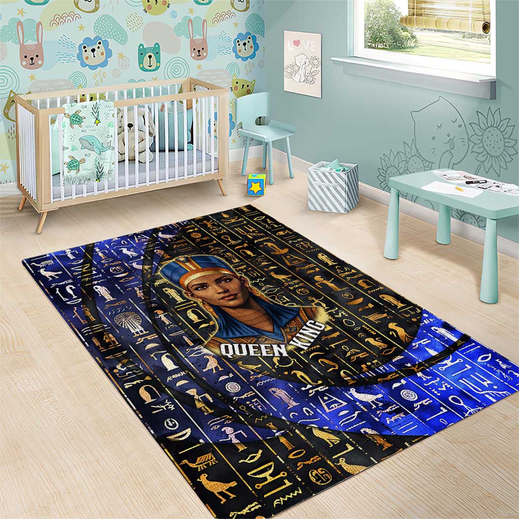 Hatshepsut Area Rug with Queen King Portrait, Temple Illustration and Blue-Gold Hieroglyphic - African Pride