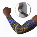 Hatshepsut Arm Sleeves with Queen King Portrait, Temple Illustration and Blue-Gold Hieroglyphic - African Pride