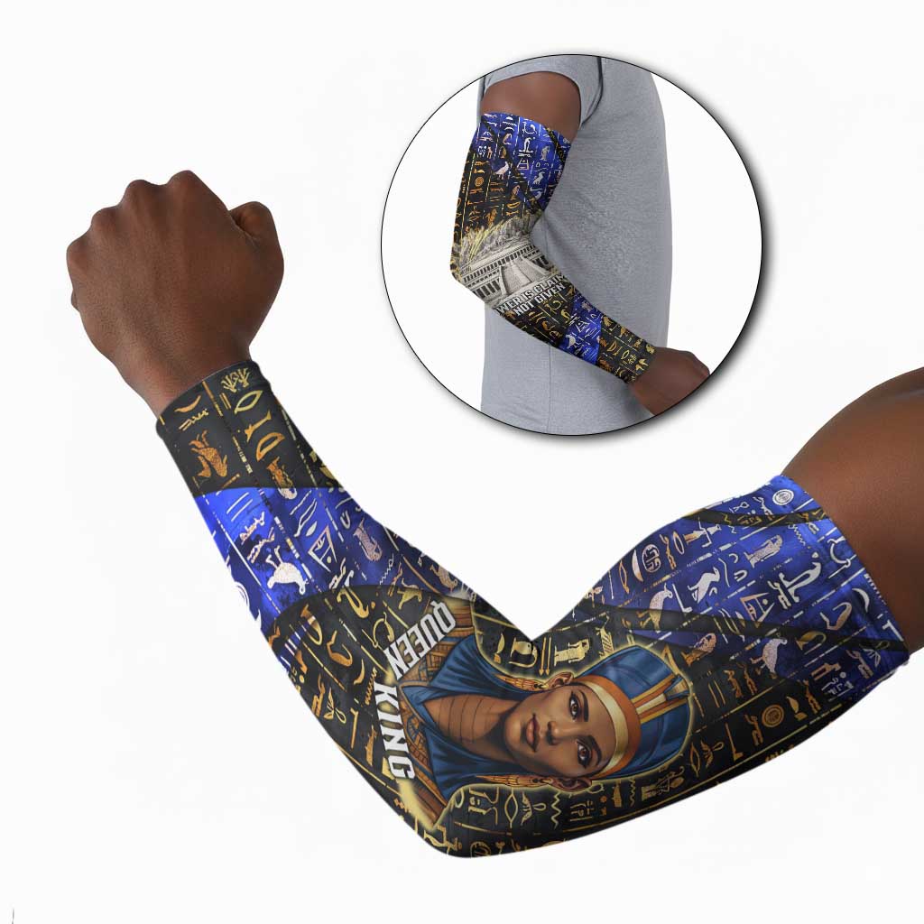 Hatshepsut Arm Sleeves with Queen King Portrait, Temple Illustration and Blue-Gold Hieroglyphic - African Pride
