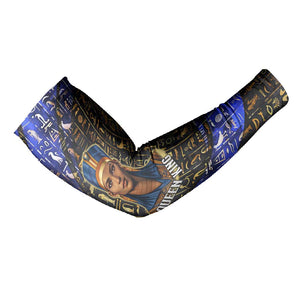 Hatshepsut Arm Sleeves with Queen King Portrait, Temple Illustration and Blue-Gold Hieroglyphic - African Pride