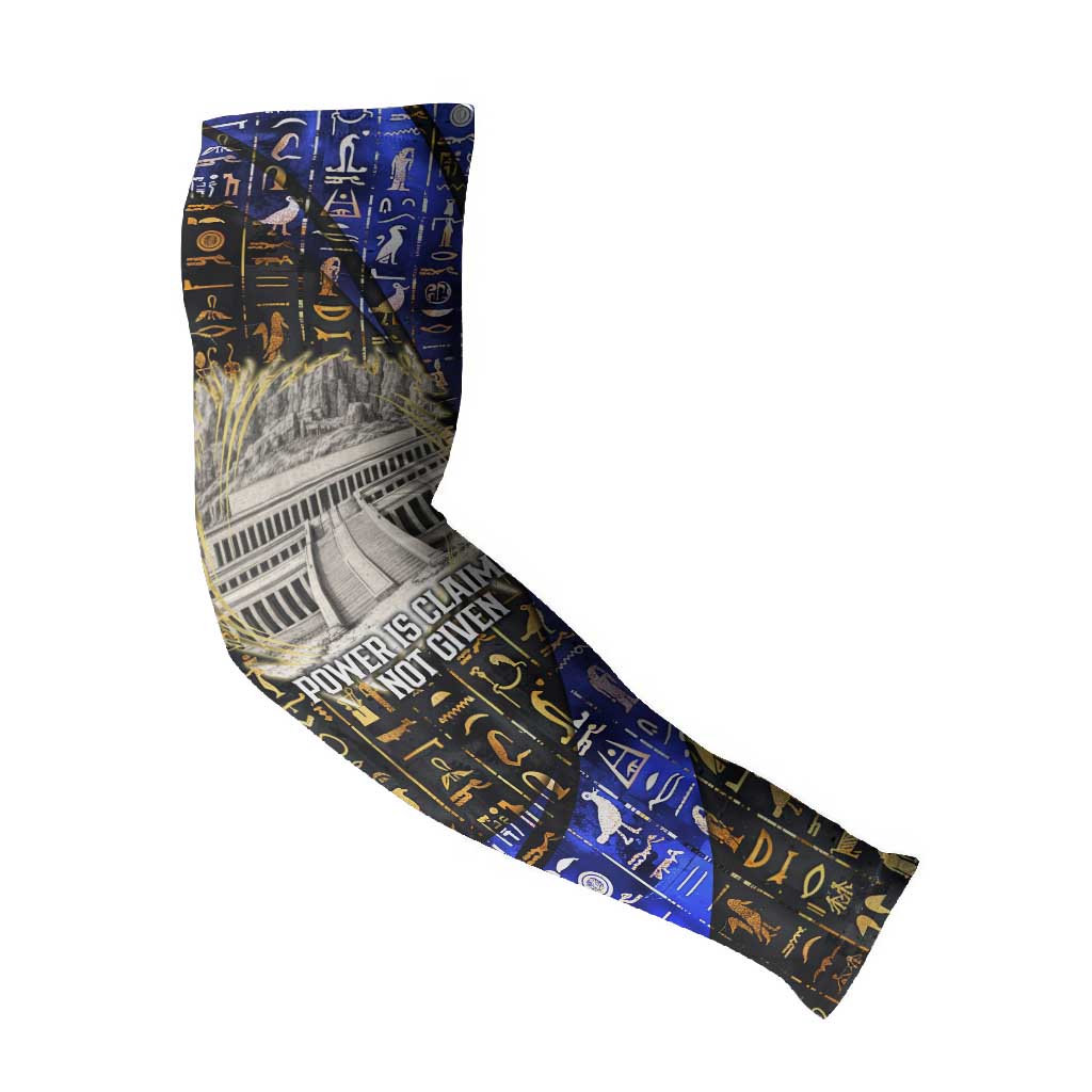 Hatshepsut Arm Sleeves with Queen King Portrait, Temple Illustration and Blue-Gold Hieroglyphic - African Pride