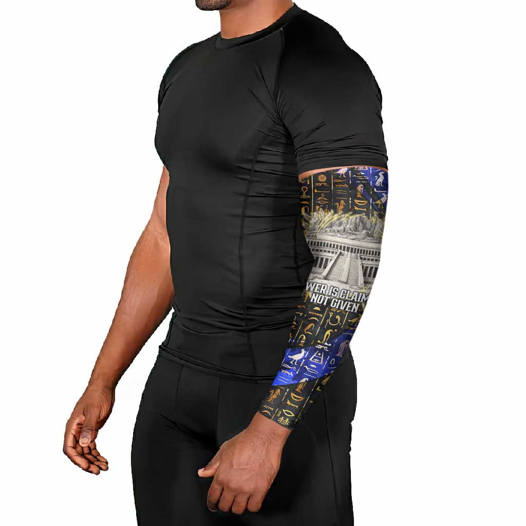 Hatshepsut Arm Sleeves with Queen King Portrait, Temple Illustration and Blue-Gold Hieroglyphic - African Pride