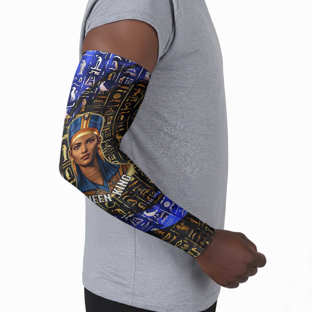 Hatshepsut Arm Sleeves with Queen King Portrait, Temple Illustration and Blue-Gold Hieroglyphic - African Pride