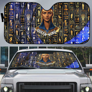 Hatshepsut Auto Sun Shade with Queen King Portrait, Temple Illustration and Blue-Gold Hieroglyphic - African Pride