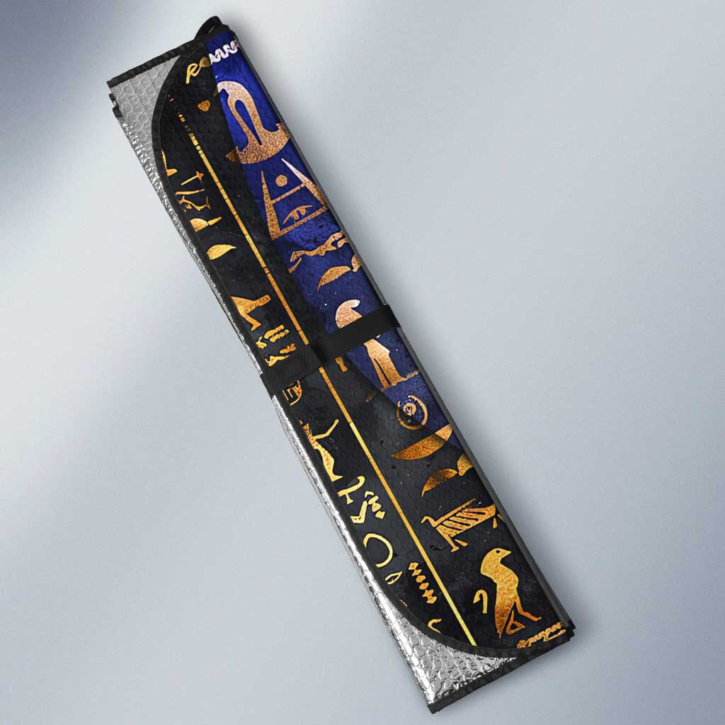Hatshepsut Auto Sun Shade with Queen King Portrait, Temple Illustration and Blue-Gold Hieroglyphic - African Pride