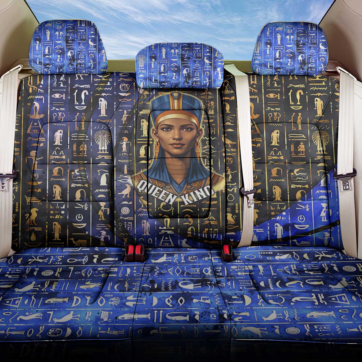 Hatshepsut Back Car Seat Cover with Queen King Portrait, Temple Illustration and Blue-Gold Hieroglyphic - African Pride